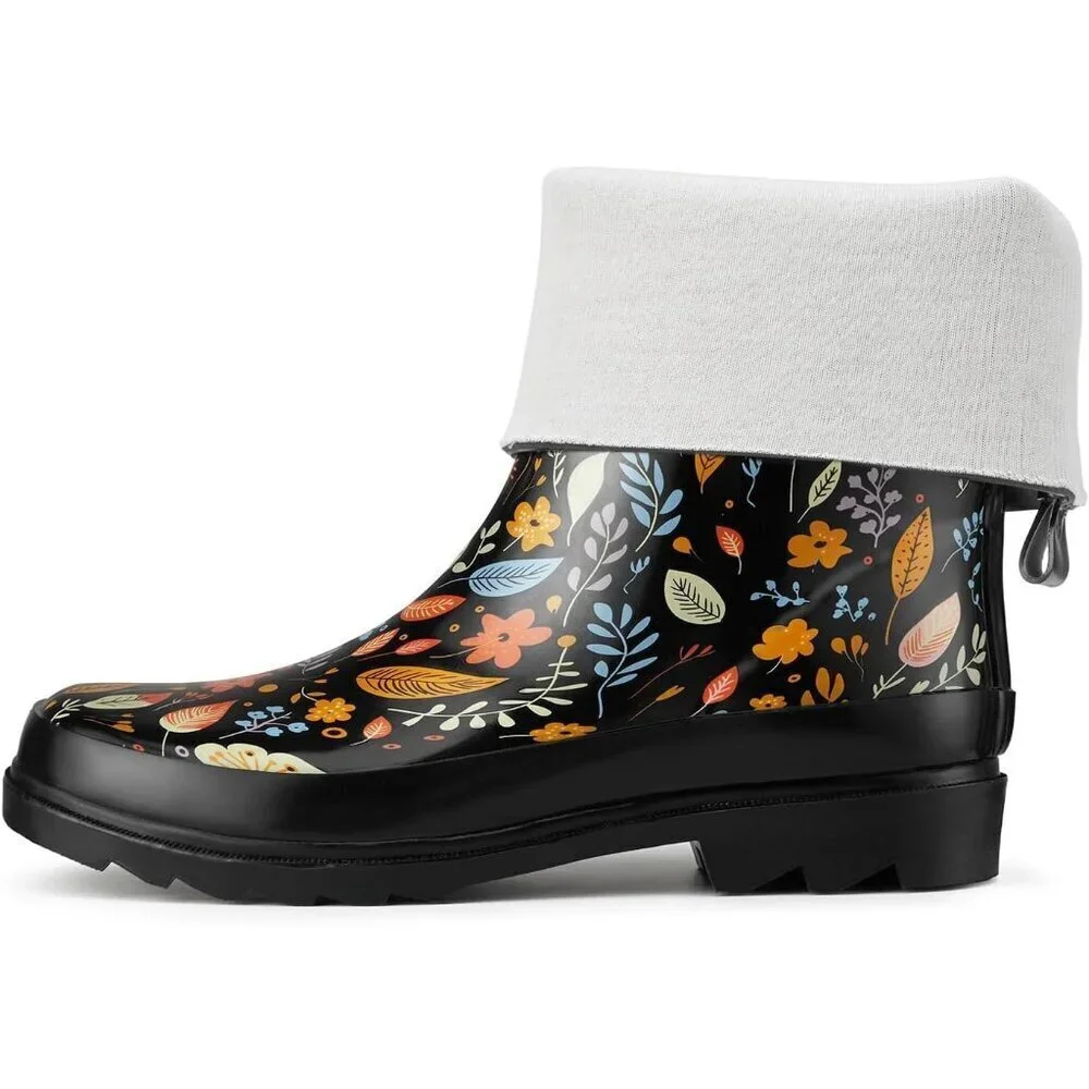 Women's Fashionable Waterproof Garden Mud Rubber Rain Flower Leaves Black Boots - Picture 7 of 8